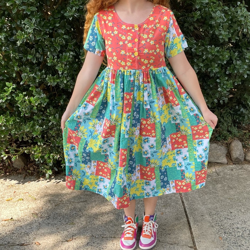 Prairie handmade patchwork floral bright short sleeve dress medium - Picture 1 of 7